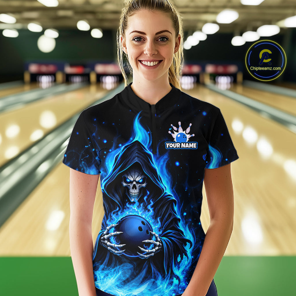 Black And Blue Flame Grim Reaper Custom Skull Bowling Shirts Bowling Team Jerseys