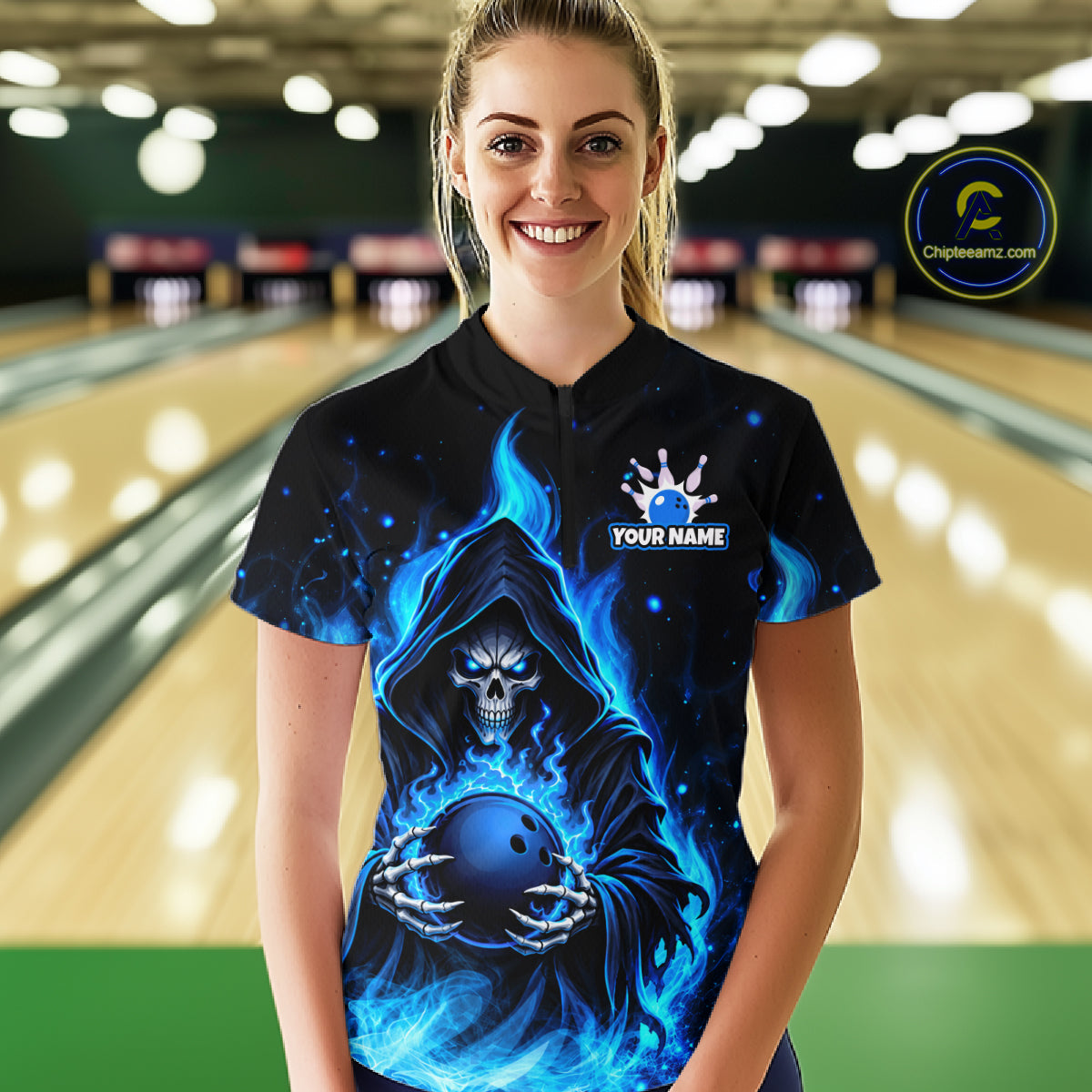 Black And Blue Flame Grim Reaper Custom Skull Bowling Shirts Bowling Team Jerseys