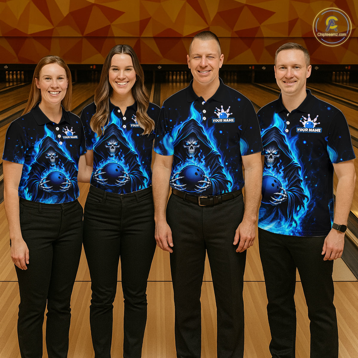 Black And Blue Flame Grim Reaper Custom Skull Bowling Shirts Bowling Team Jerseys