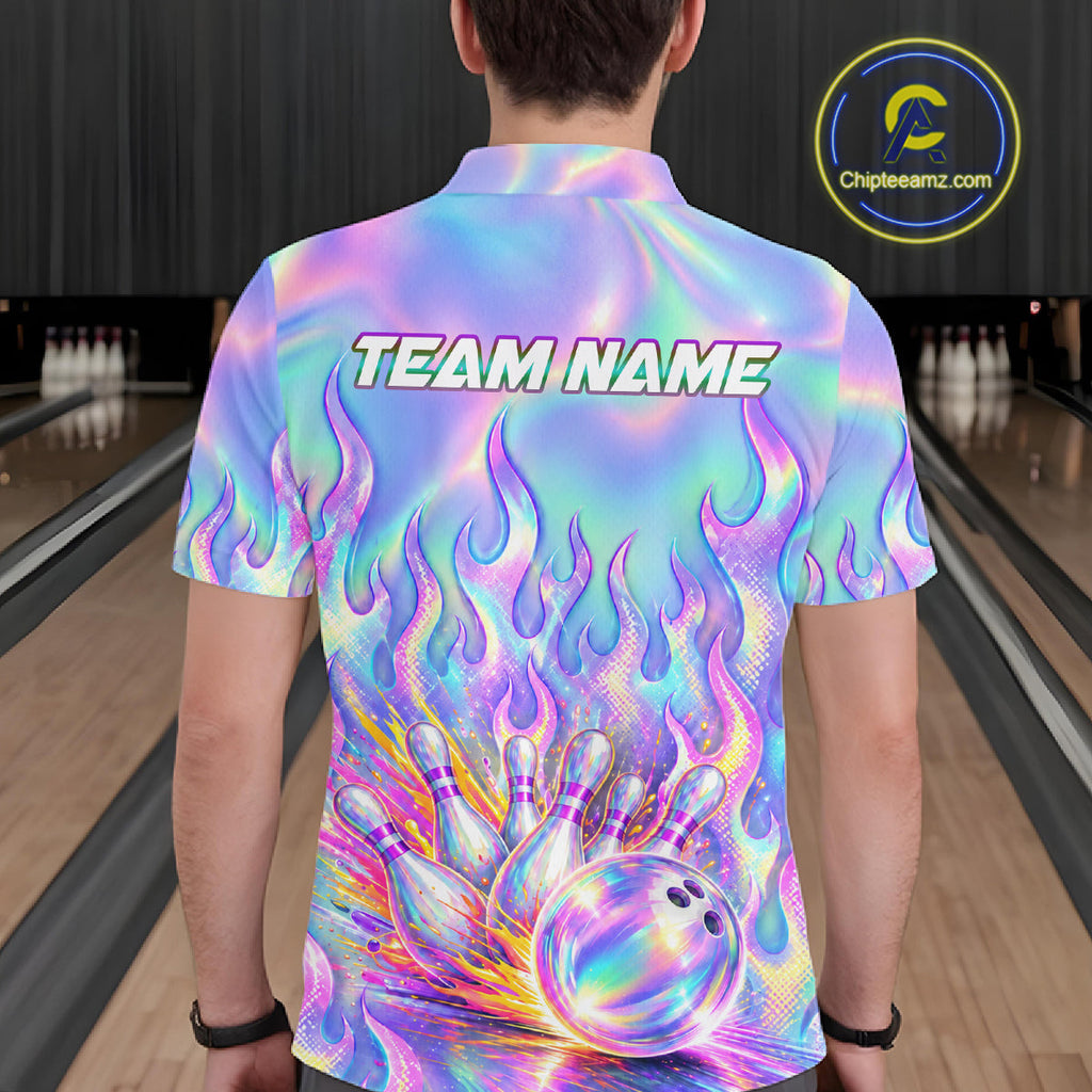 Custom Holographic Flame Bowling Shirts, Bowling Team Jersey Bowling Tournament