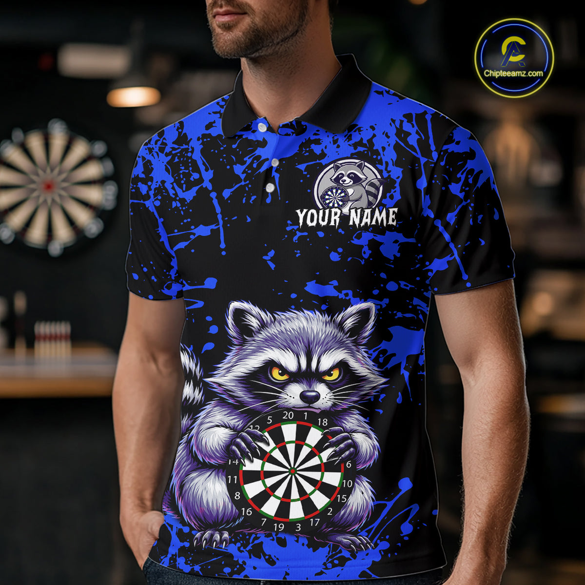 Custom Blue Funny Raccoon Darts Shirt Darts Team Jerseys Dartboard Shirt Dart League