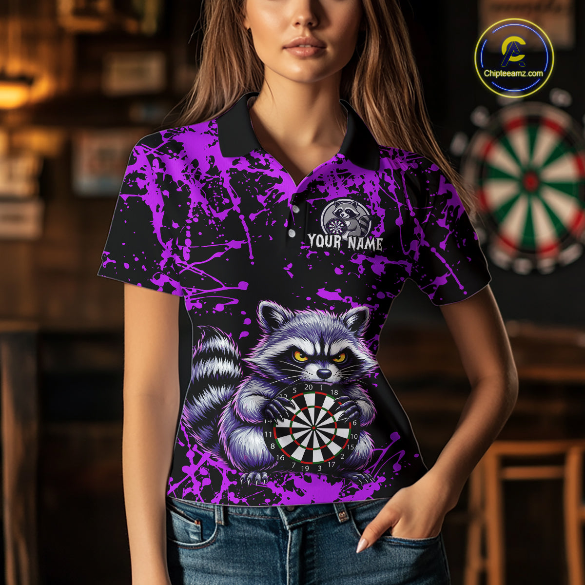 Custom Purple Funny Raccoon Darts Shirt Darts Team Jerseys Dartboard Shirt Dart League