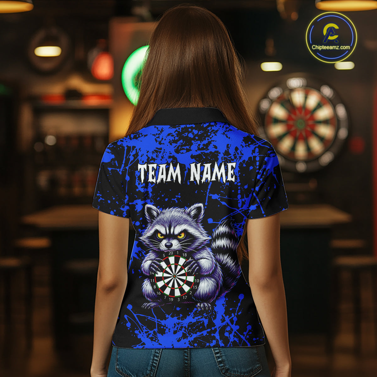 Custom Blue Funny Raccoon Darts Shirt Darts Team Jerseys Dartboard Shirt Dart League