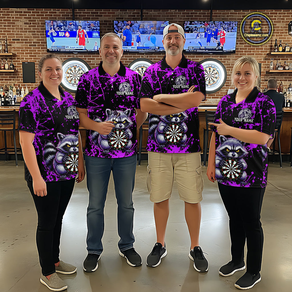 Custom Purple Funny Raccoon Darts Shirt Darts Team Jerseys Dartboard Shirt Dart League