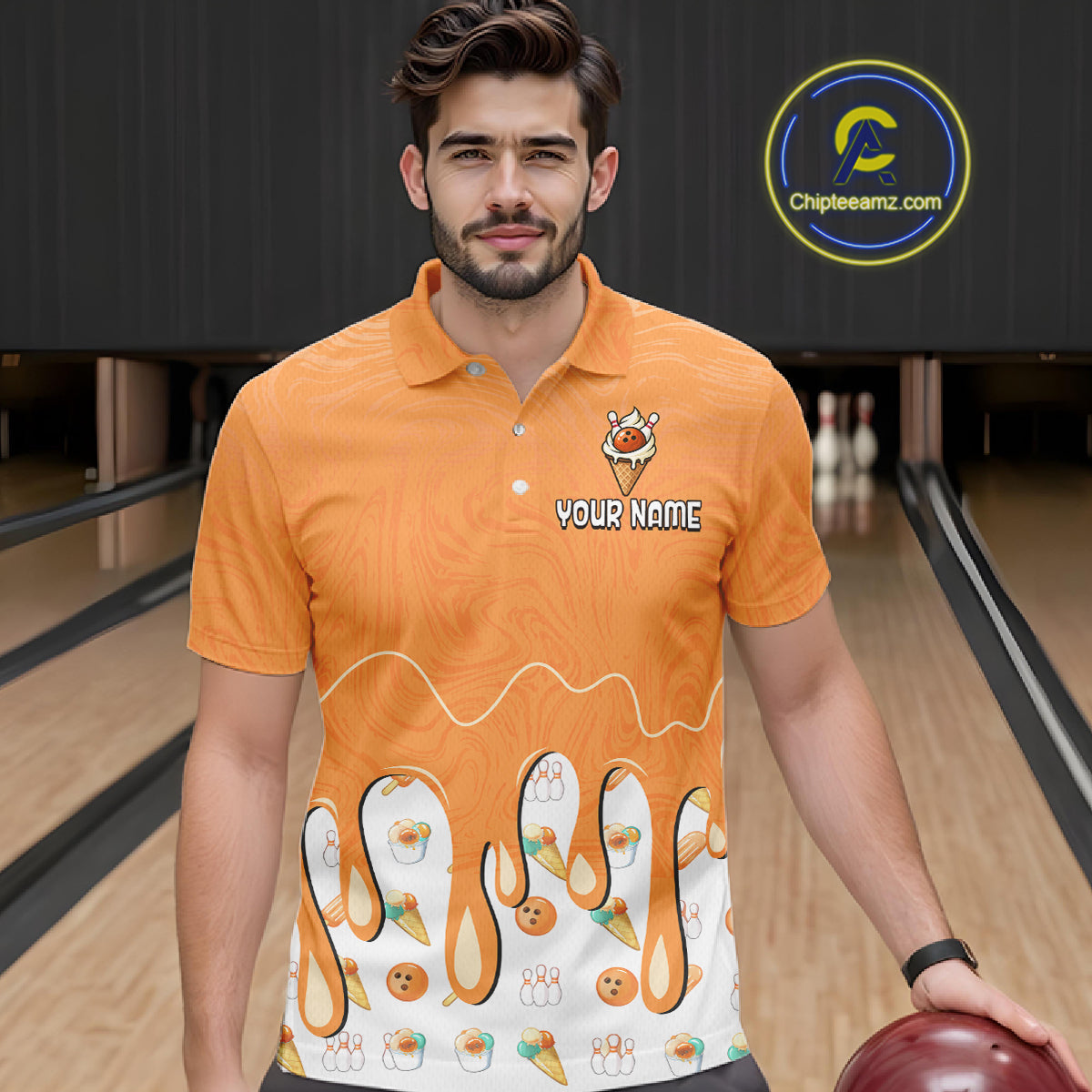 Custom Orange Ice Cream Drip Bowling Ball Pins Bowling Jerseys Team Polo & 1/4 Zip