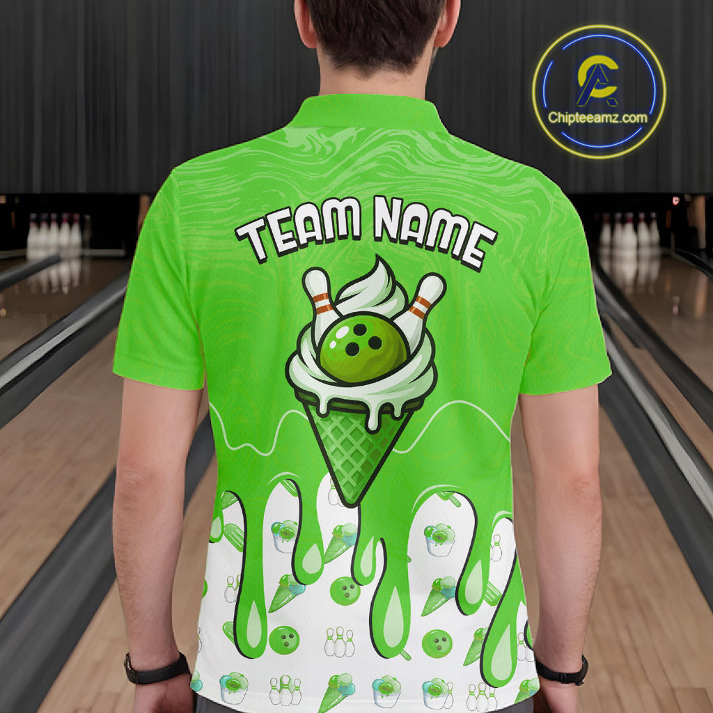 Custom Green Ice Cream Drip Bowling Ball Pins Bowling Jerseys Team Polo & 1/4 Zip