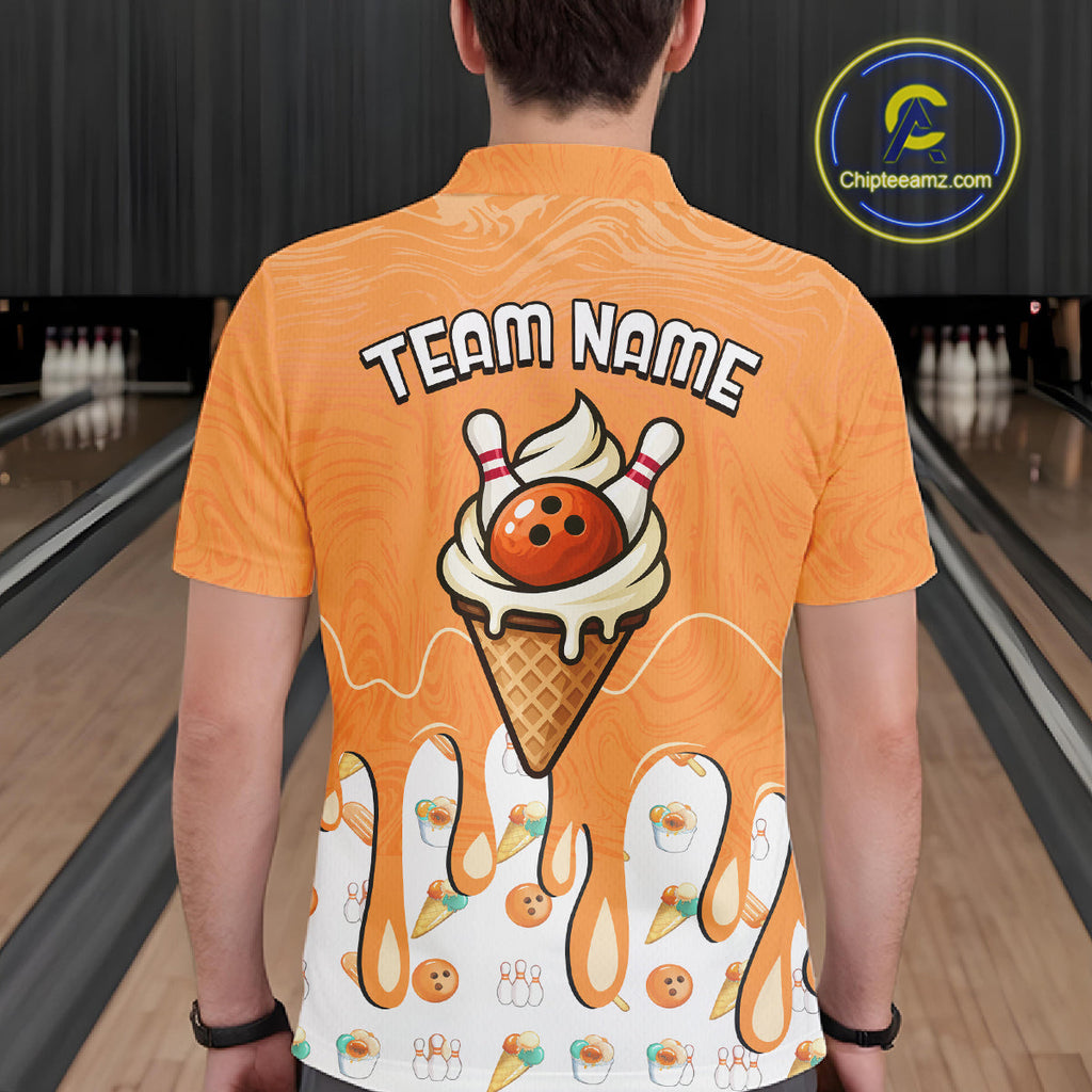 Custom Orange Ice Cream Drip Bowling Ball Pins Bowling Jerseys Team Polo & 1/4 Zip