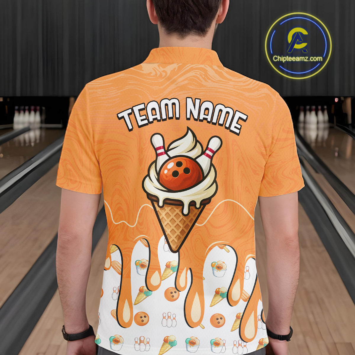 Custom Orange Ice Cream Drip Bowling Ball Pins Bowling Jerseys Team Polo & 1/4 Zip