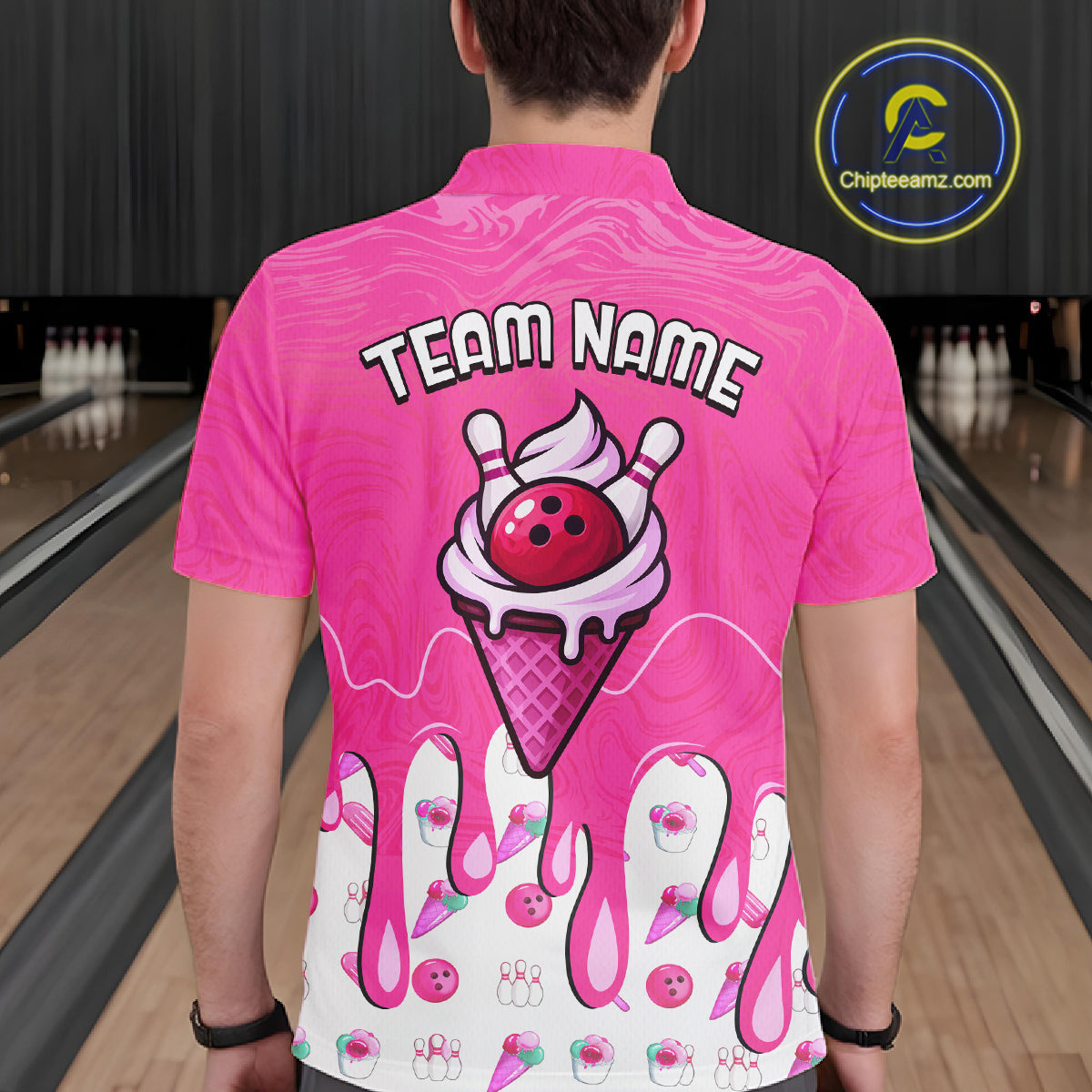Custom Pink Ice Cream Drip Bowling Ball Pins Bowling Jerseys Team Polo & 1/4 Zip