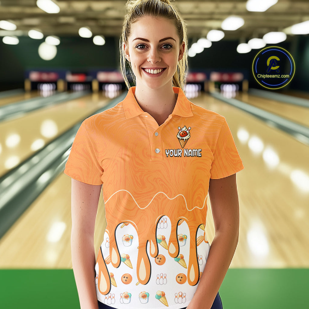 Custom Orange Ice Cream Drip Bowling Ball Pins Bowling Jerseys Team Polo & 1/4 Zip