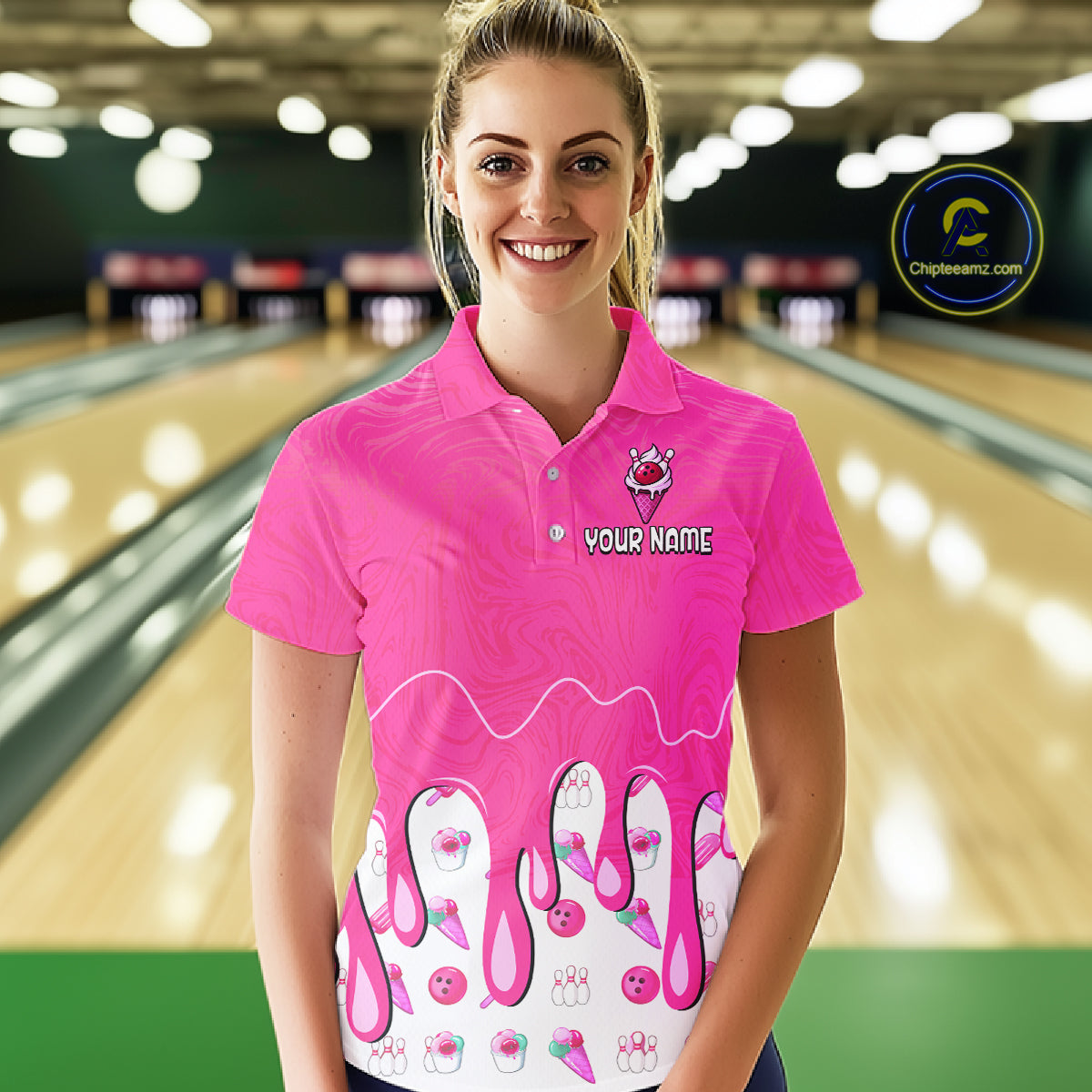 Custom Pink Ice Cream Drip Bowling Ball Pins Bowling Jerseys Team Polo & 1/4 Zip