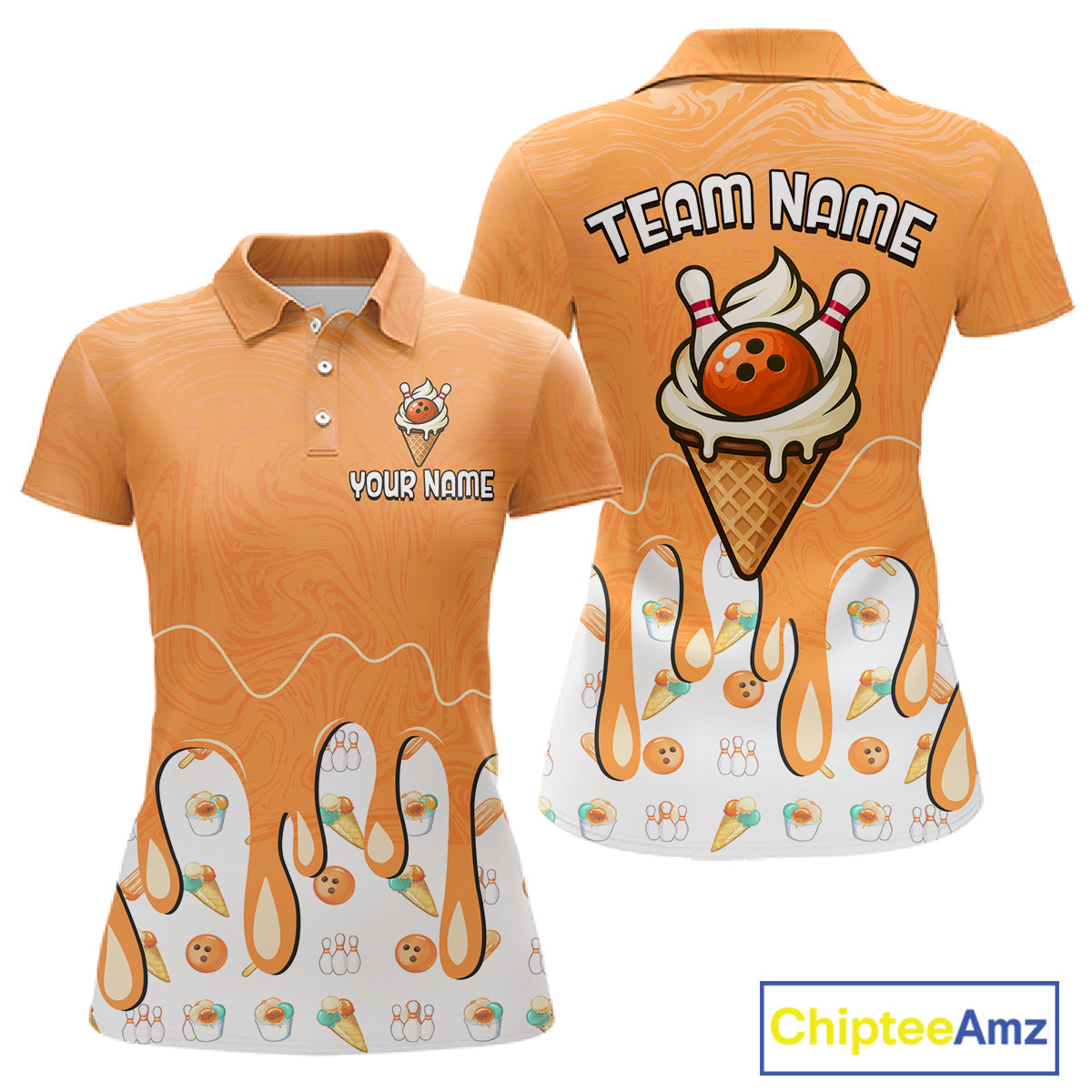 Custom Orange Ice Cream Drip Bowling Ball Pins Bowling Jerseys Team Polo & 1/4 Zip