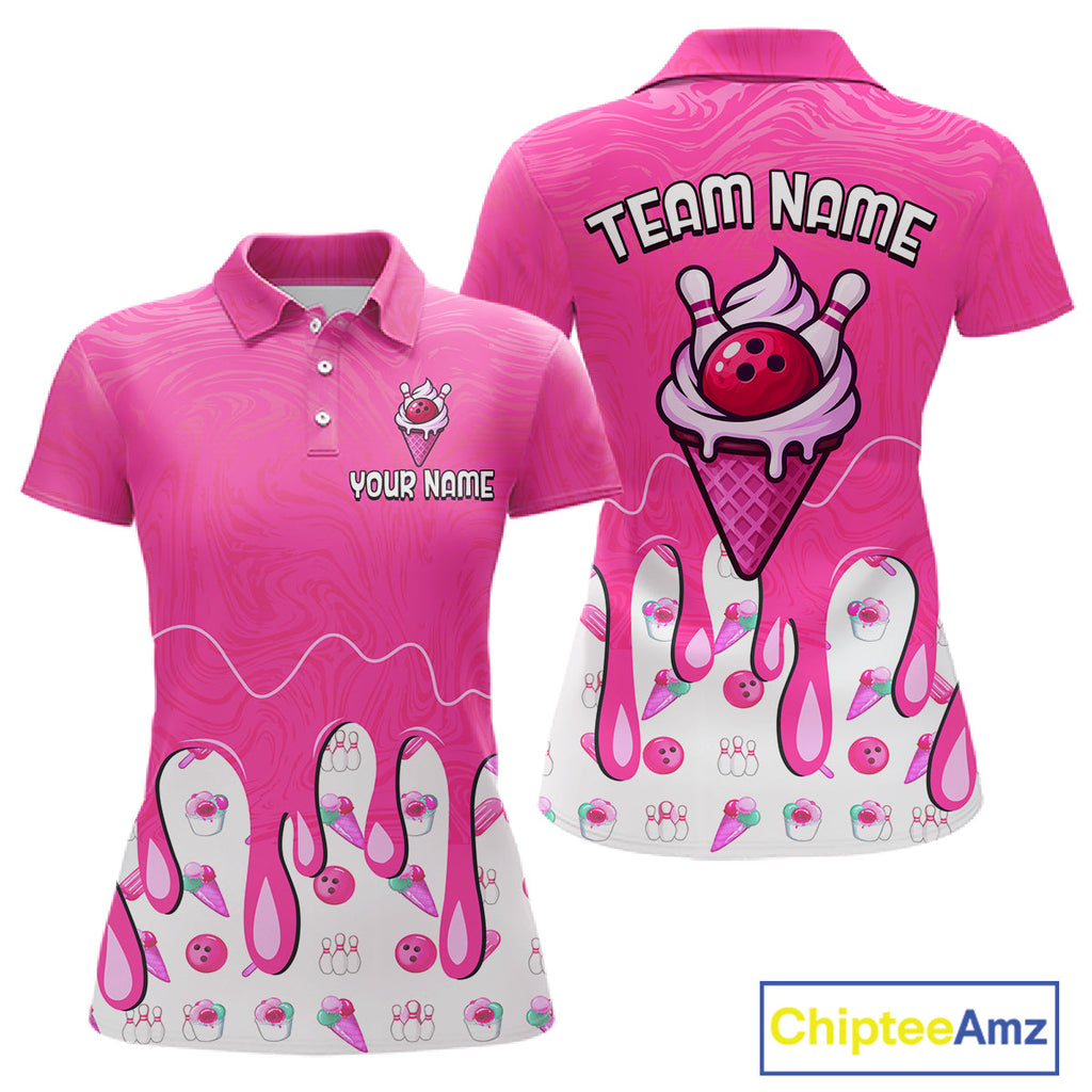 Custom Pink Ice Cream Drip Bowling Ball Pins Bowling Jerseys Team Polo & 1/4 Zip