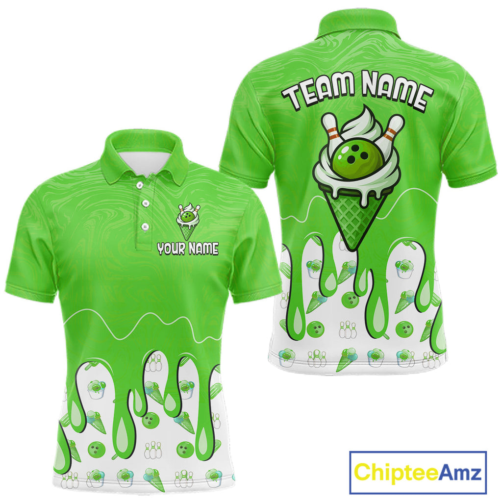 Custom Green Ice Cream Drip Bowling Ball Pins Bowling Jerseys Team Polo & 1/4 Zip