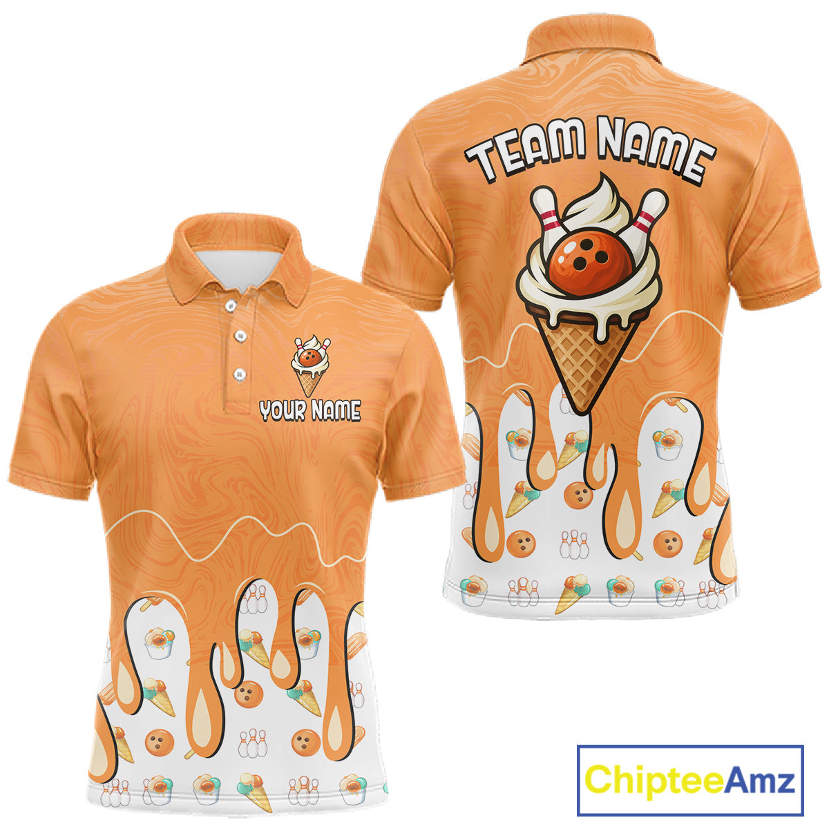 Custom Orange Ice Cream Drip Bowling Ball Pins Bowling Jerseys Team Polo & 1/4 Zip