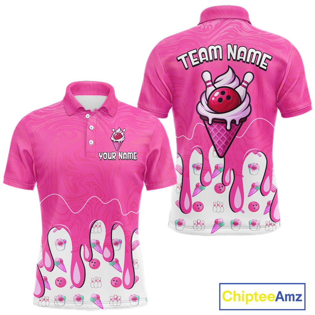 Custom Pink Ice Cream Drip Bowling Ball Pins Bowling Jerseys Team Polo & 1/4 Zip