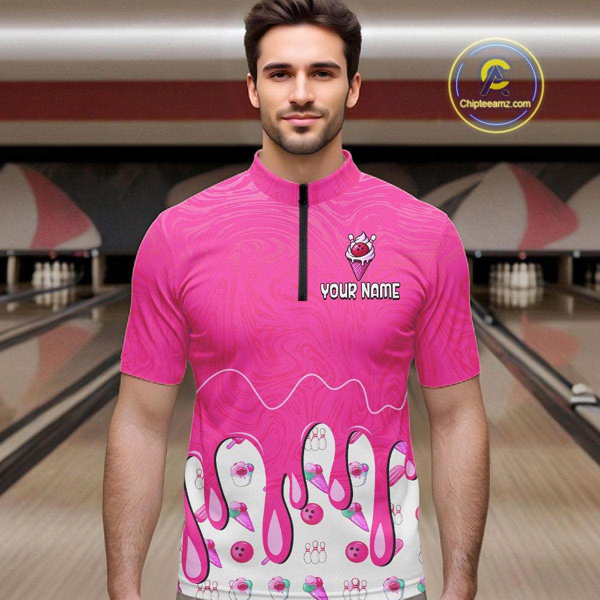 Custom Pink Ice Cream Drip Bowling Ball Pins Bowling Jerseys Team Polo & 1/4 Zip