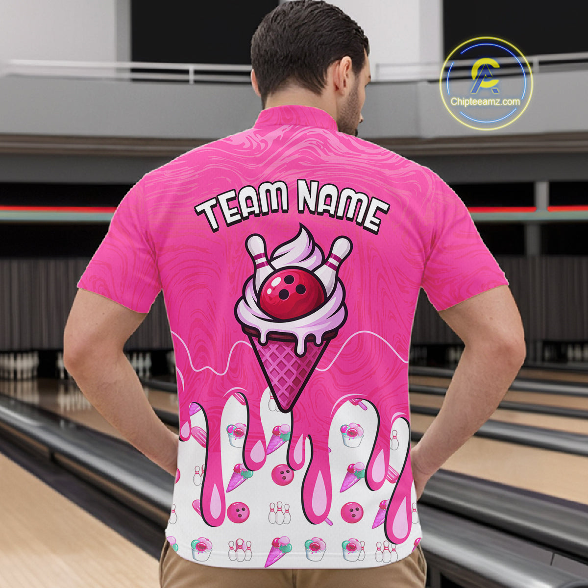 Custom Pink Ice Cream Drip Bowling Ball Pins Bowling Jerseys Team Polo & 1/4 Zip