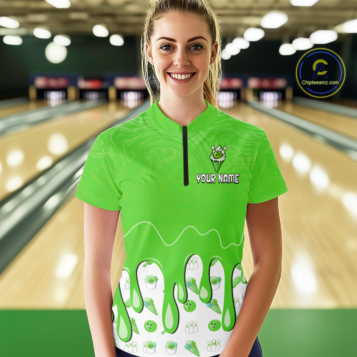 Custom Green Ice Cream Drip Bowling Ball Pins Bowling Jerseys Team Polo & 1/4 Zip