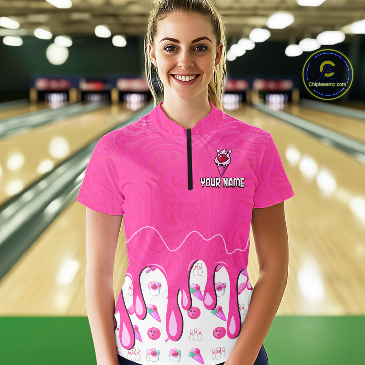 Custom Pink Ice Cream Drip Bowling Ball Pins Bowling Jerseys Team Polo & 1/4 Zip