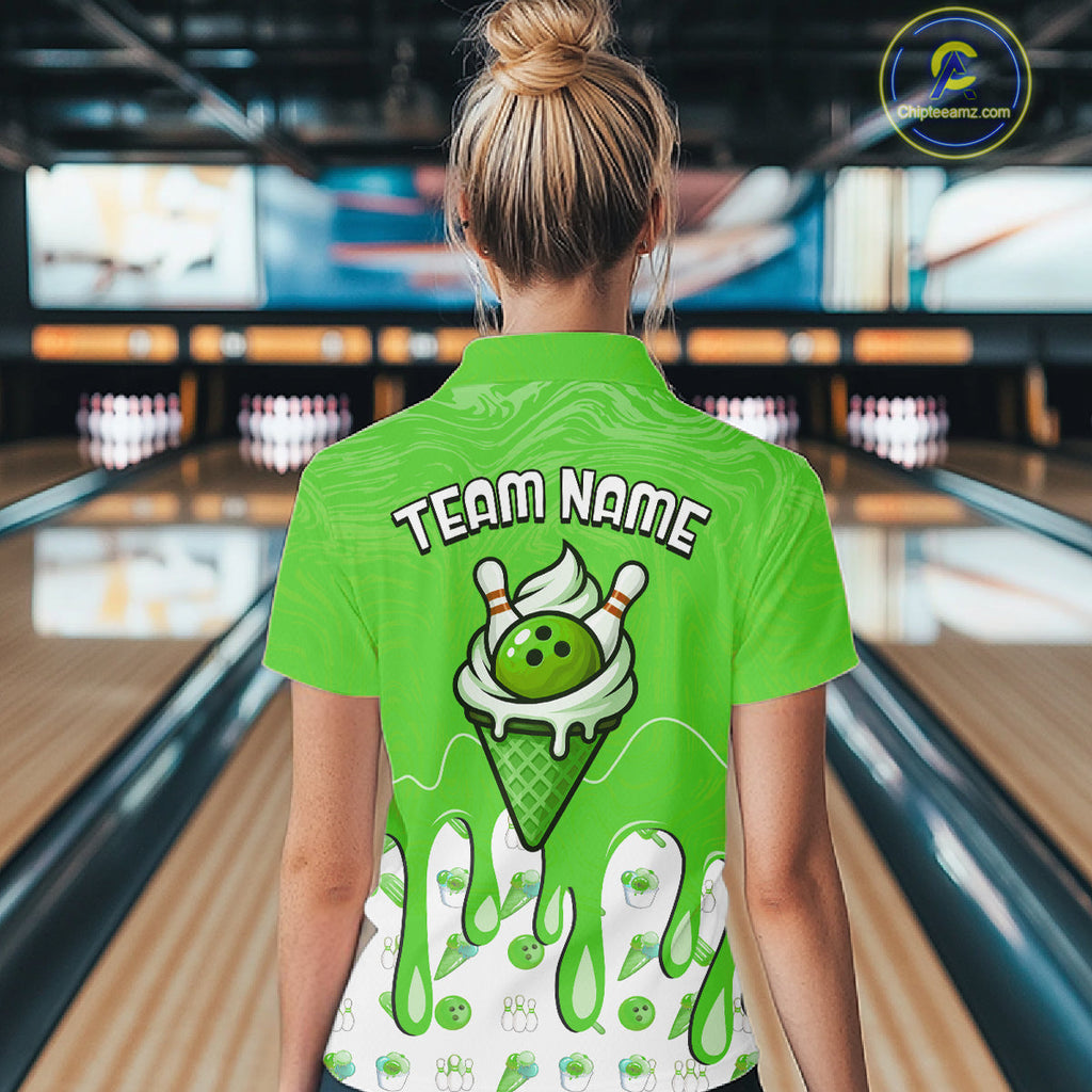 Custom Green Ice Cream Drip Bowling Ball Pins Bowling Jerseys Team Polo & 1/4 Zip