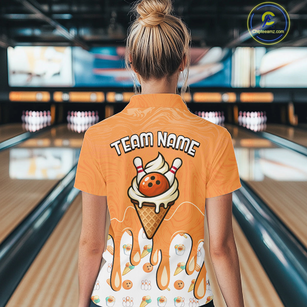 Custom Orange Ice Cream Drip Bowling Ball Pins Bowling Jerseys Team Polo & 1/4 Zip