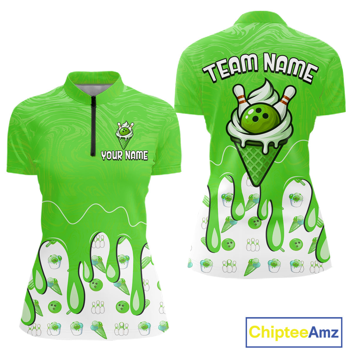 Custom Green Ice Cream Drip Bowling Ball Pins Bowling Jerseys Team Polo & 1/4 Zip