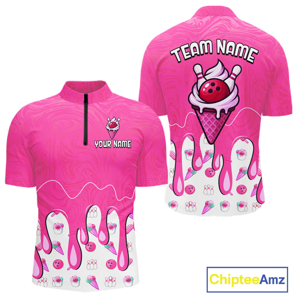 Custom Pink Ice Cream Drip Bowling Ball Pins Bowling Jerseys Team Polo & 1/4 Zip