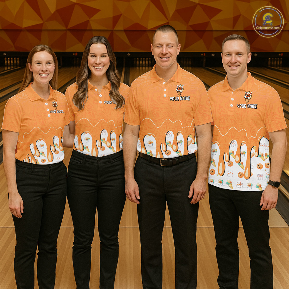 Custom Orange Ice Cream Drip Bowling Ball Pins Bowling Jerseys Team Polo & 1/4 Zip