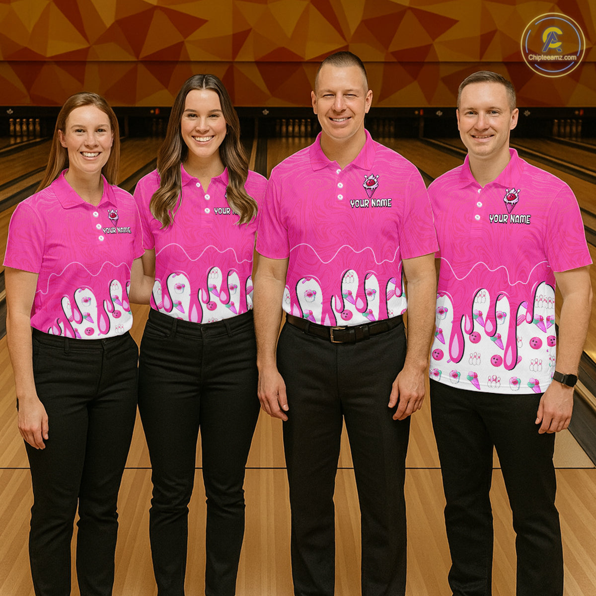 Custom Pink Ice Cream Drip Bowling Ball Pins Bowling Jerseys Team Polo & 1/4 Zip
