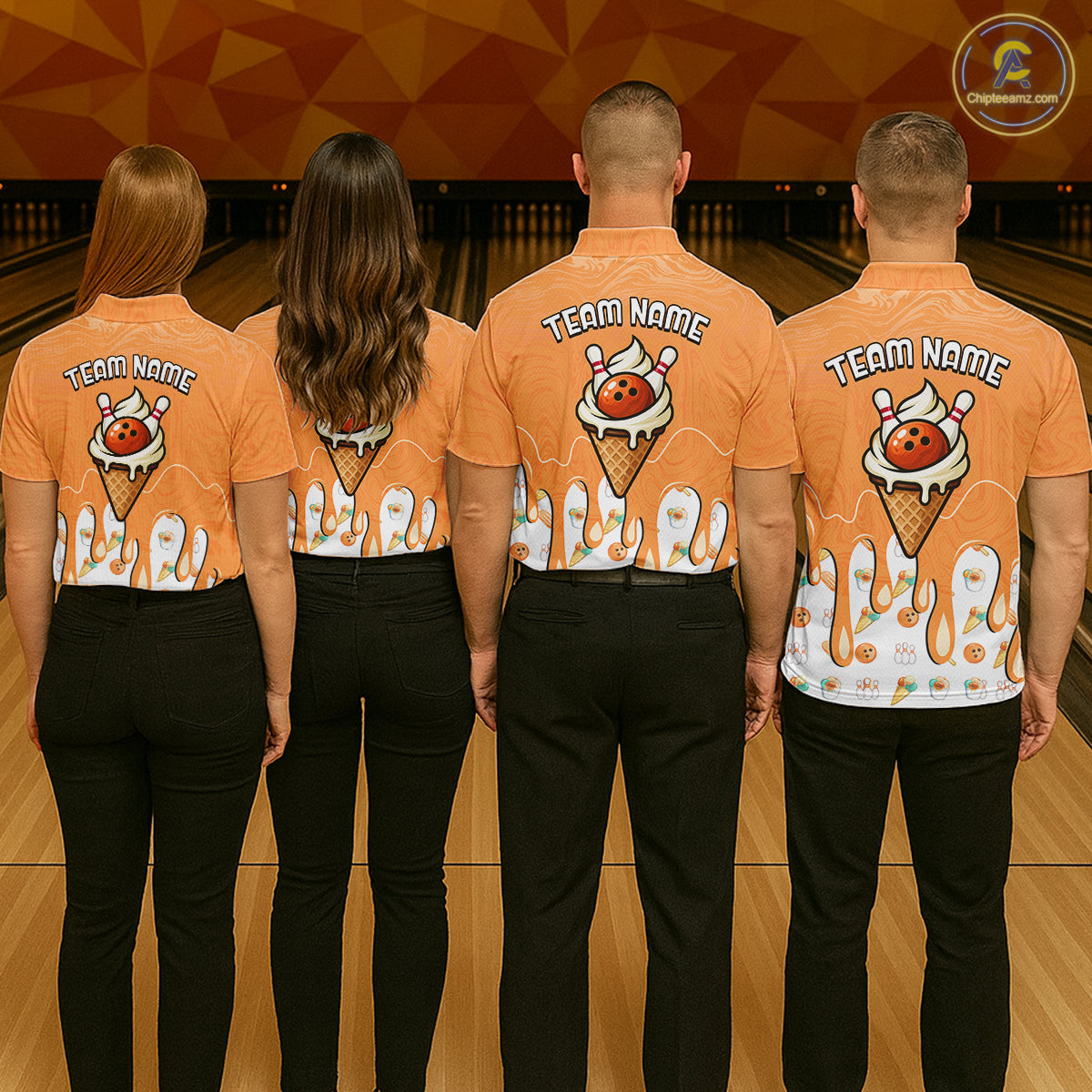 Custom Orange Ice Cream Drip Bowling Ball Pins Bowling Jerseys Team Polo & 1/4 Zip