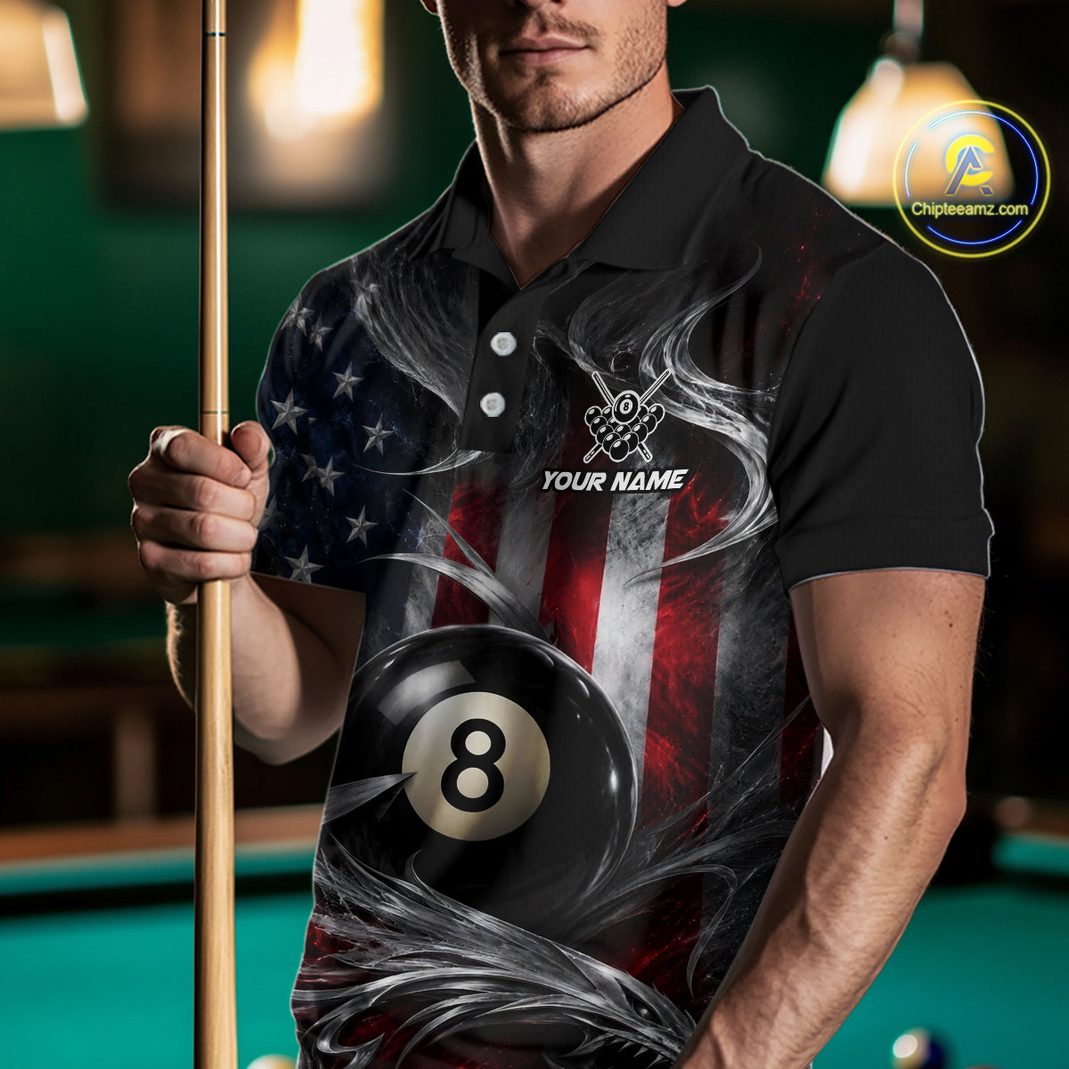Custom Silver Smoke American Flag 8 Ball Billiard Team Shirts Billiard Jersey