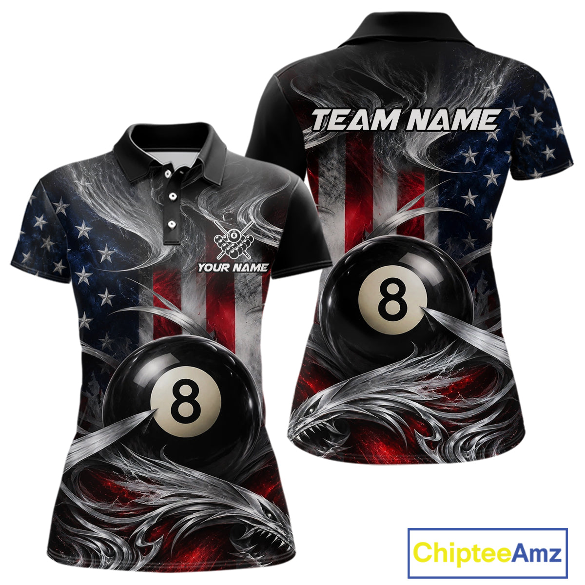 Custom Silver Smoke American Flag 8 Ball Billiard Team Shirts Billiard Jersey
