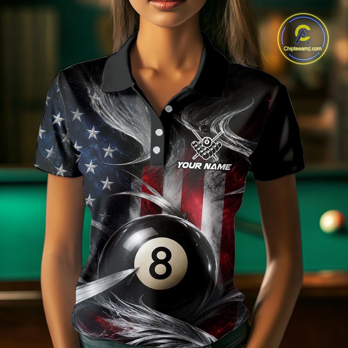 Custom Silver Smoke American Flag 8 Ball Billiard Team Shirts Billiard Jersey