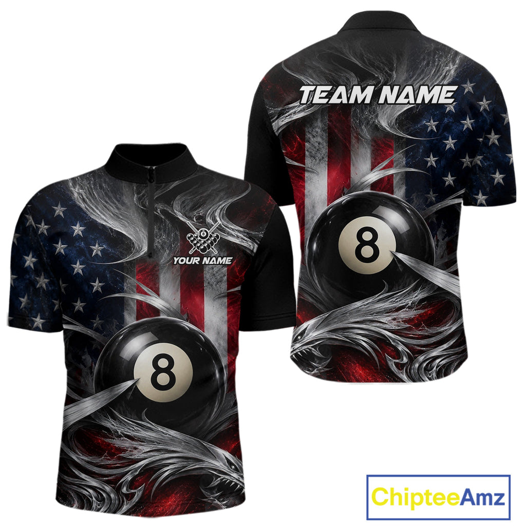 Custom Silver Smoke American Flag 8 Ball Billiard Team Shirts Billiard Jersey