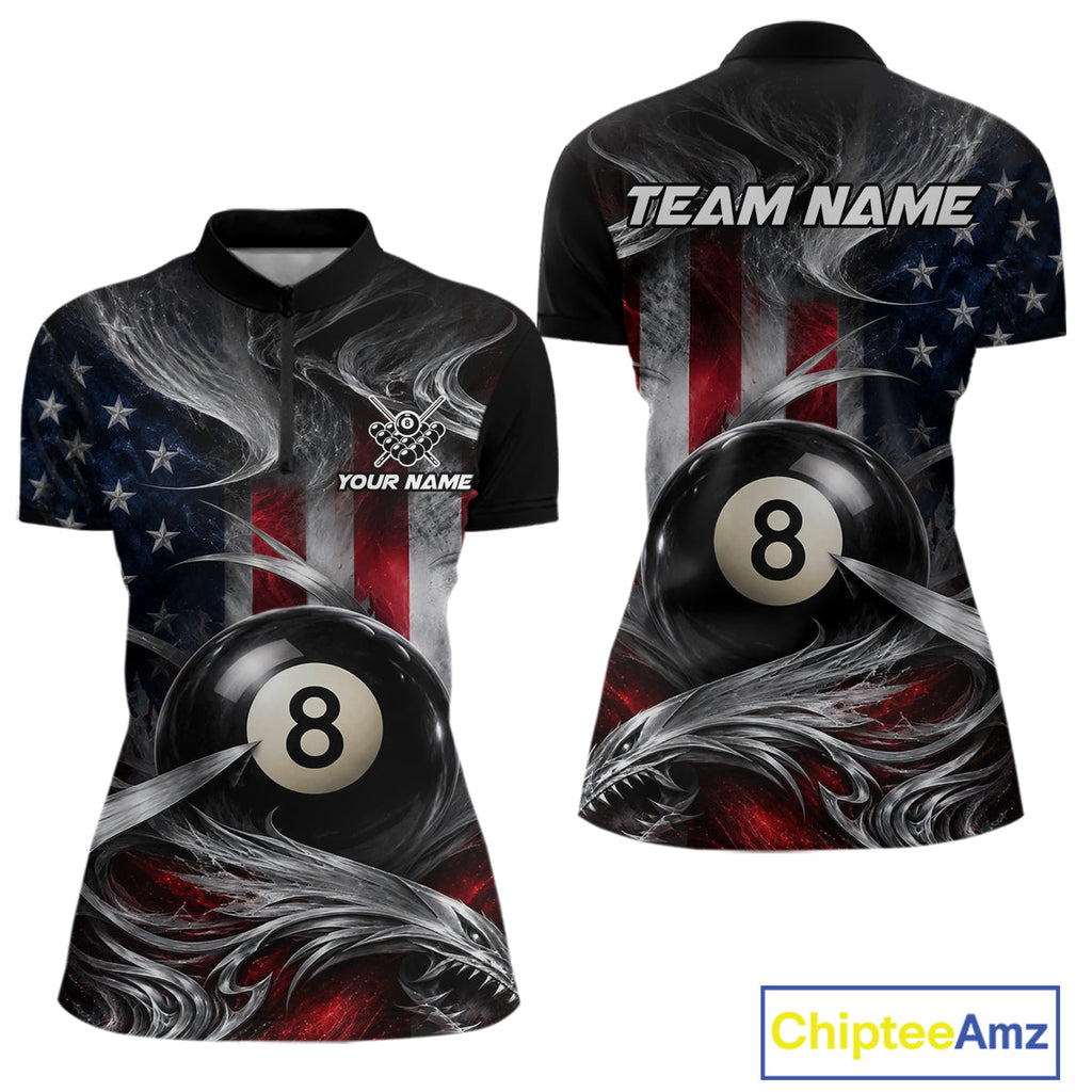 Custom Silver Smoke American Flag 8 Ball Billiard Team Shirts Billiard Jersey