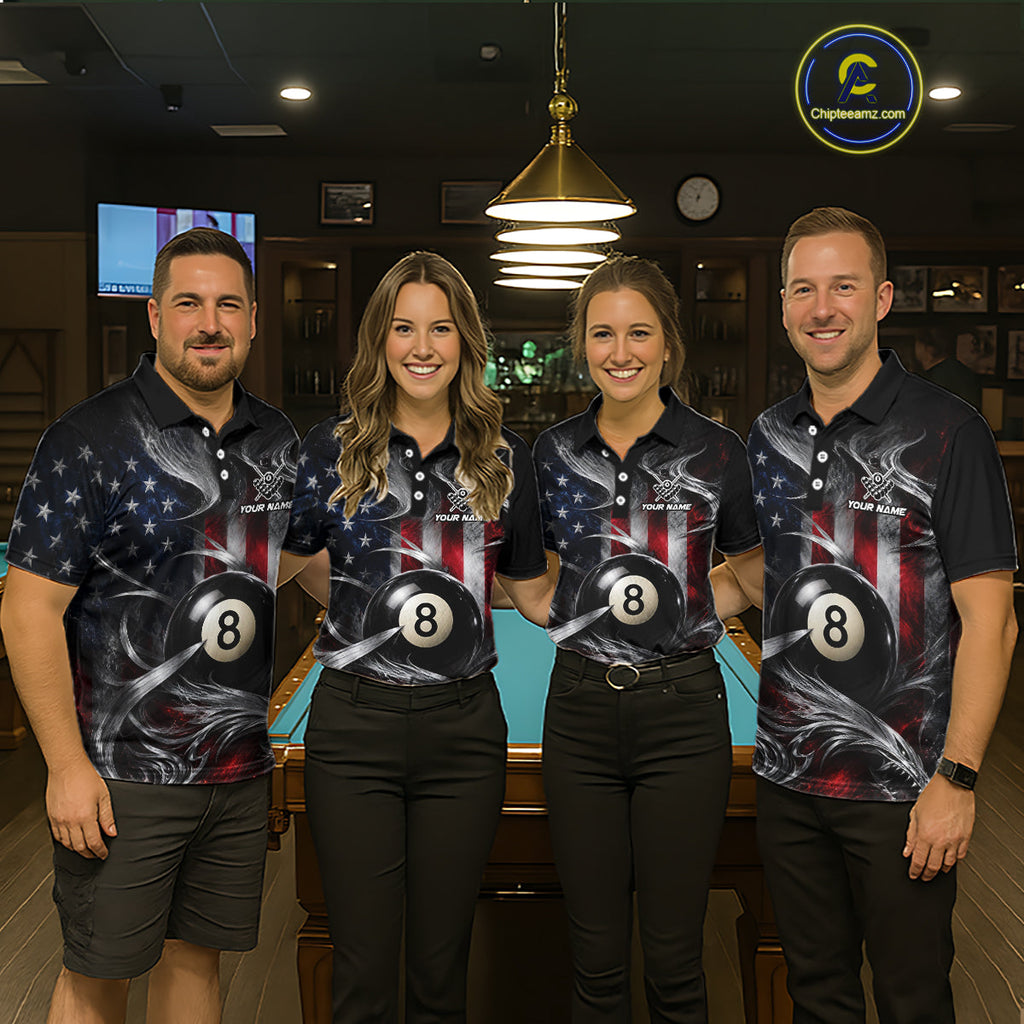 Custom Silver Smoke American Flag 8 Ball Billiard Team Shirts Billiard Jersey