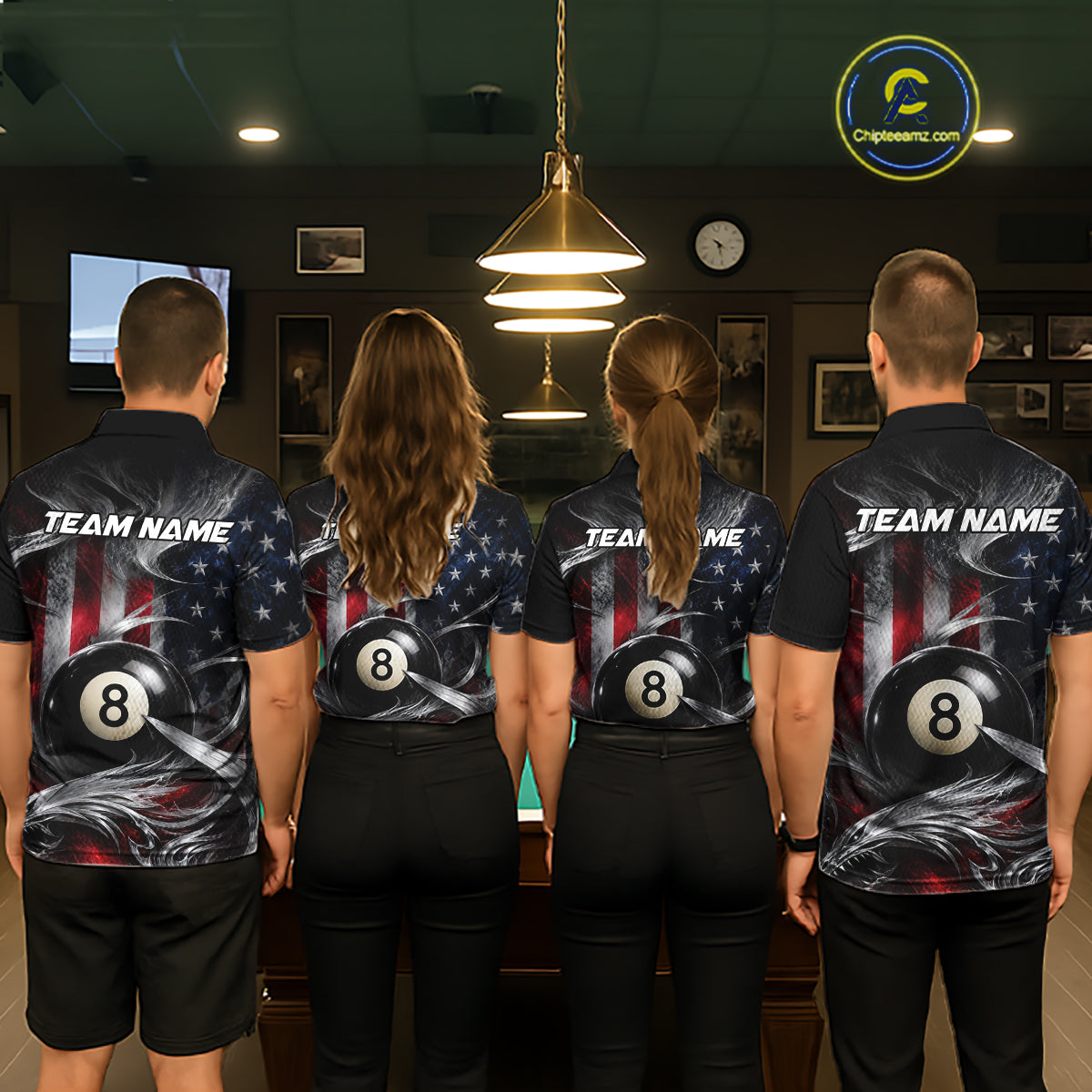 Custom Silver Smoke American Flag 8 Ball Billiard Team Shirts Billiard Jersey