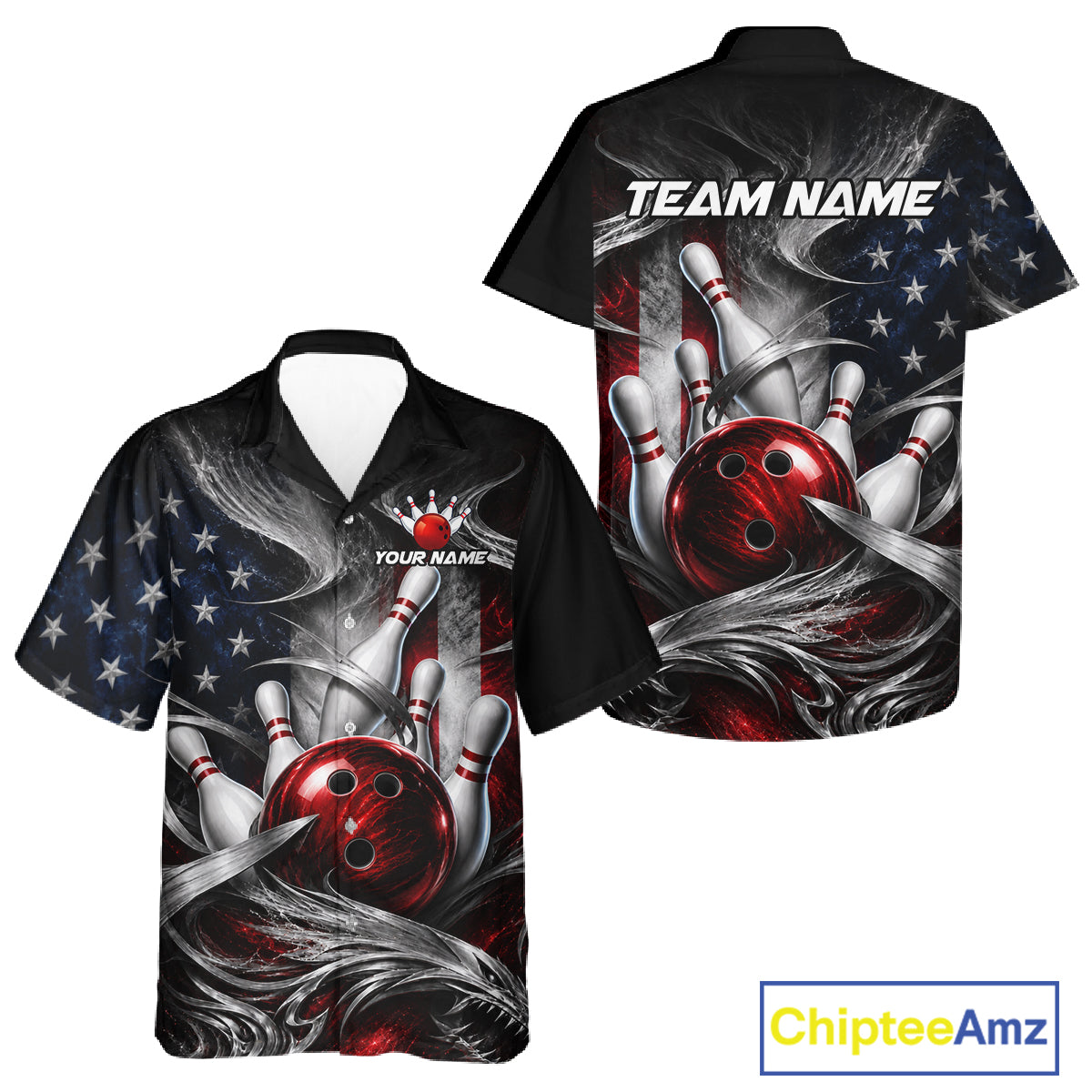 Custom Silver Smoke American Flag Hawaiian Bowling Jersey Bowling Outfit Bowling Team Shirts