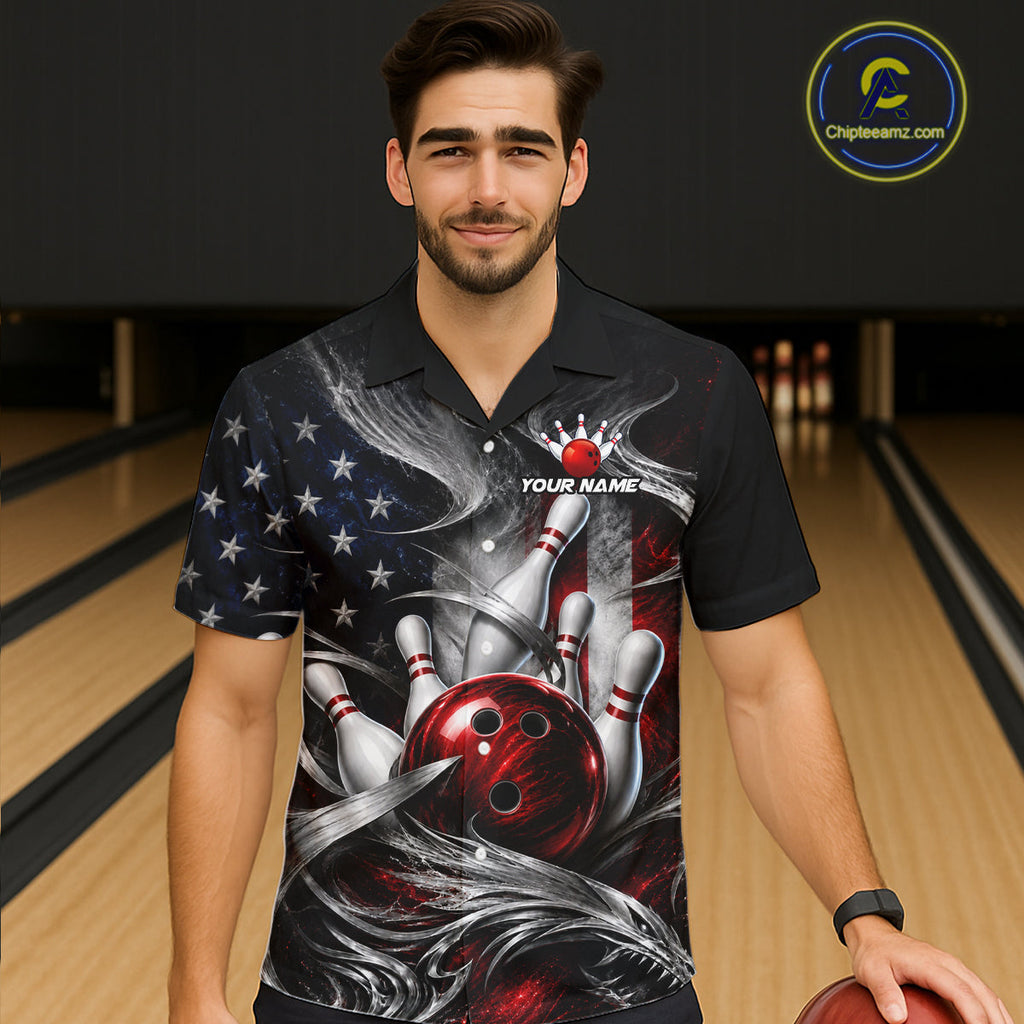 Custom Silver Smoke American Flag Hawaiian Bowling Jersey Bowling Outfit Bowling Team Shirts