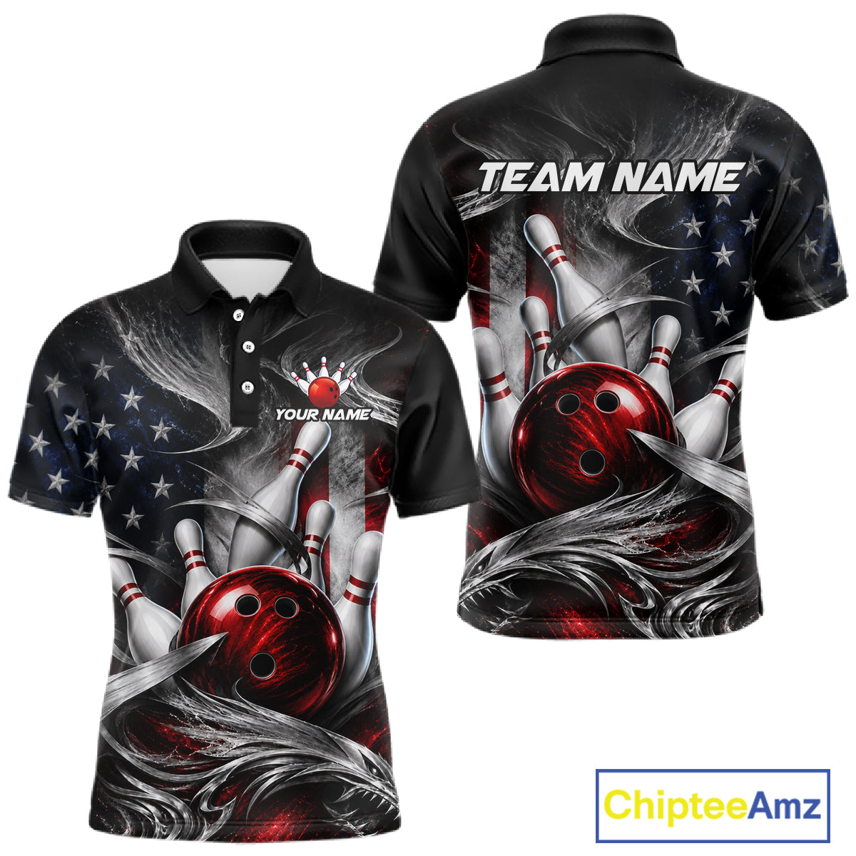 Custom Silver Smoke American Flag Bowling Team Shirts Bowling Jersey Bowling League