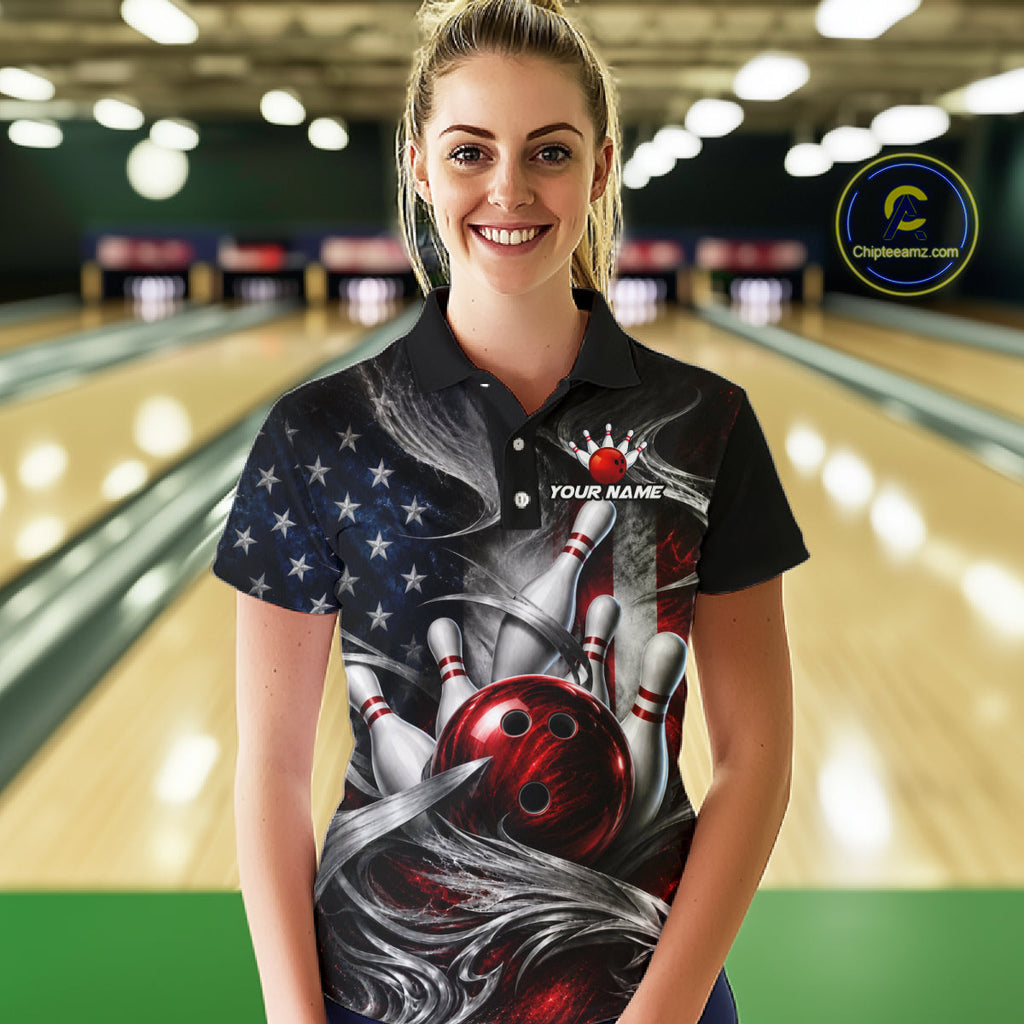 Custom Silver Smoke American Flag Bowling Team Shirts Bowling Jersey Bowling League