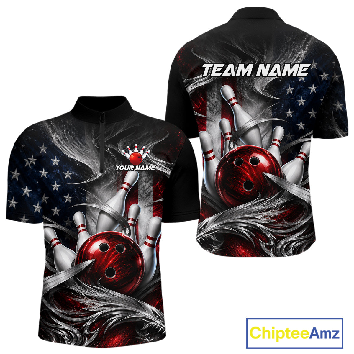 Custom Silver Smoke American Flag Bowling Team Shirts Bowling Jersey Bowling League