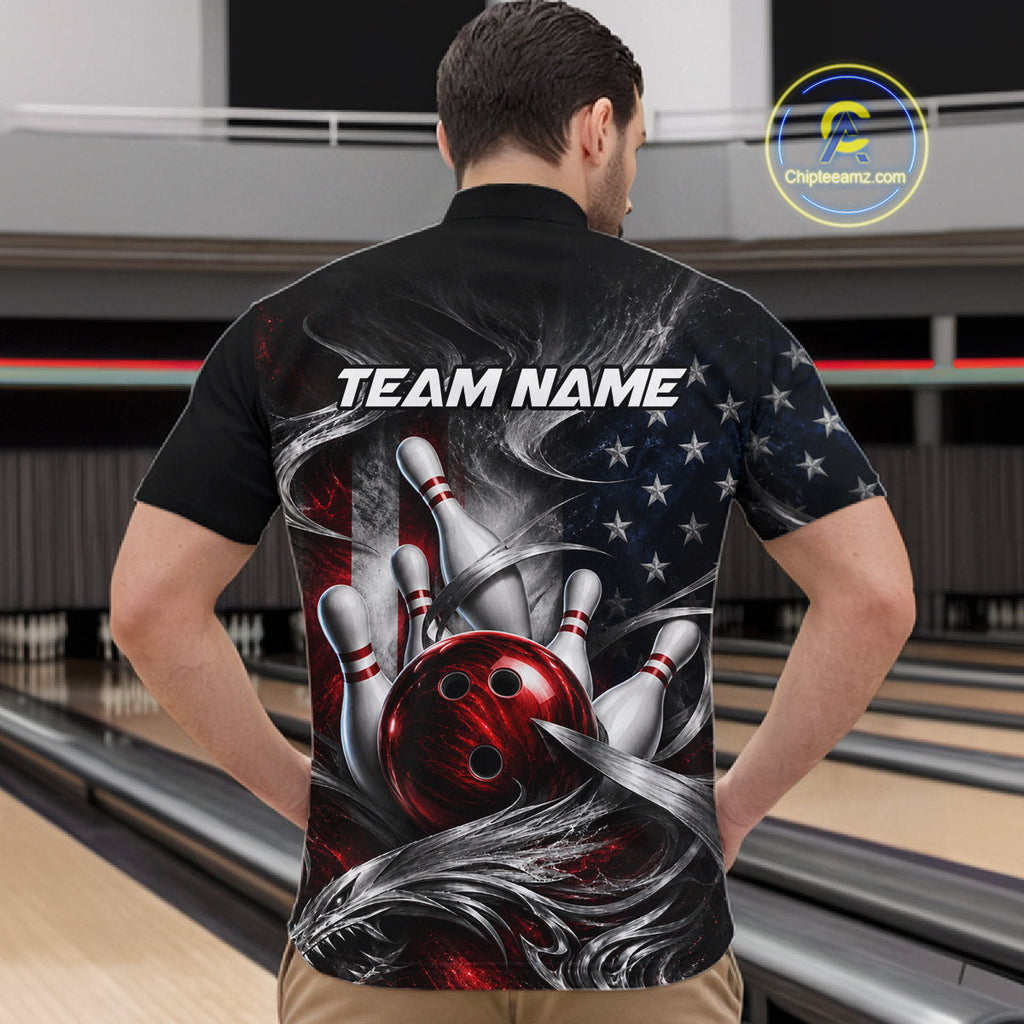 Custom Silver Smoke American Flag Bowling Team Shirts Bowling Jersey Bowling League