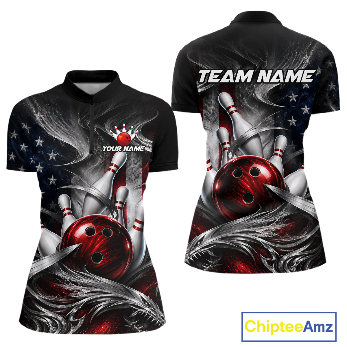 Custom Silver Smoke American Flag Bowling Team Shirts Bowling Jersey Bowling League