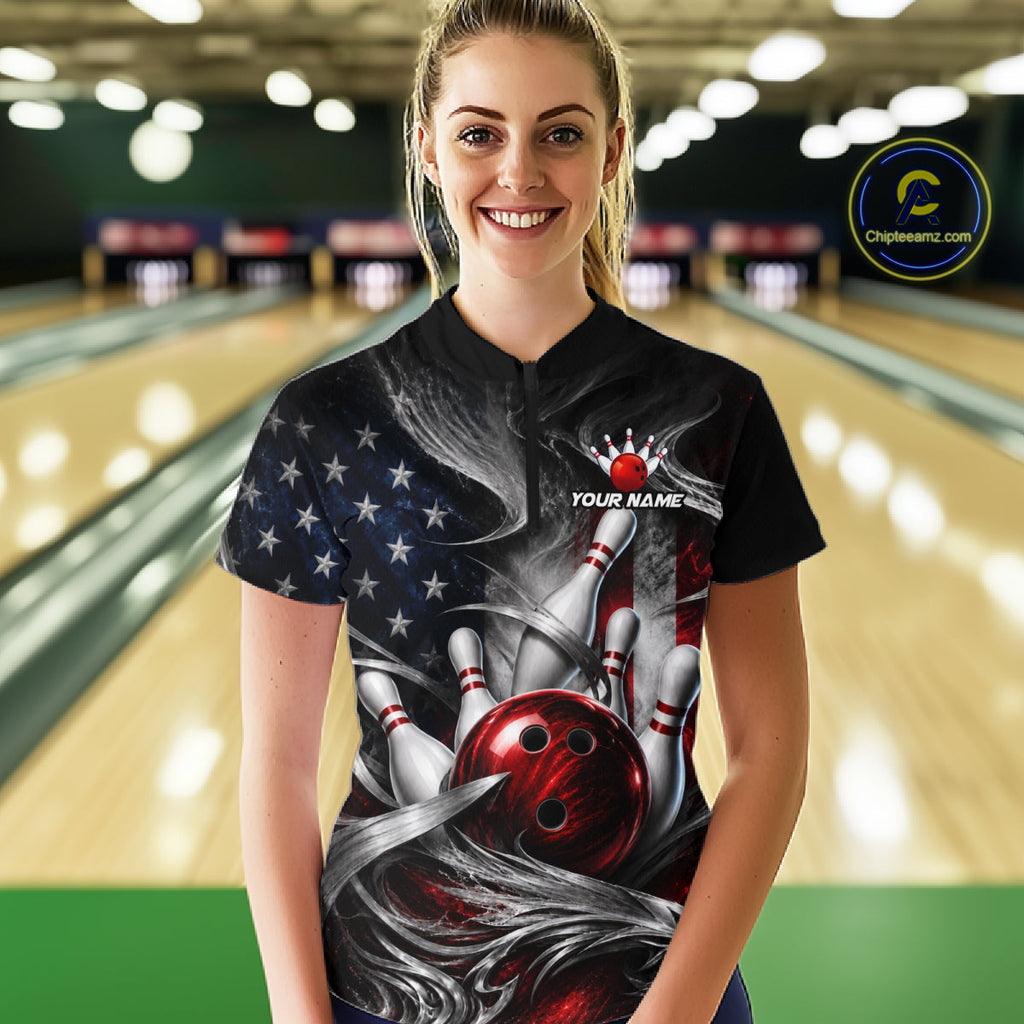 Custom Silver Smoke American Flag Bowling Team Shirts Bowling Jersey Bowling League
