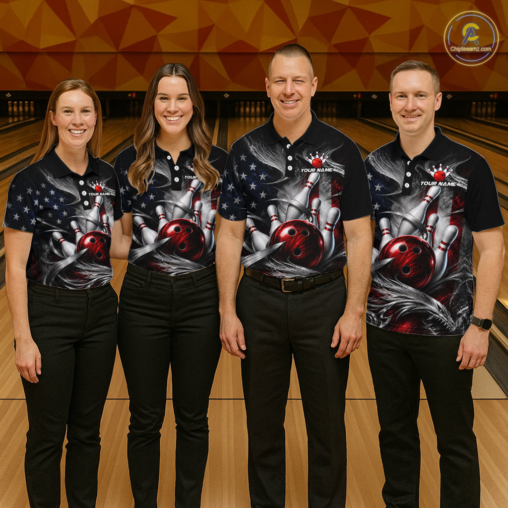 Custom Silver Smoke American Flag Bowling Team Shirts Bowling Jersey Bowling League