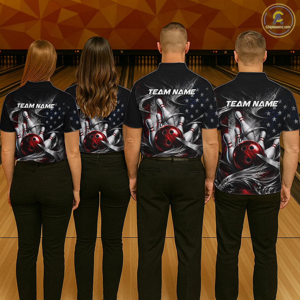 Custom Silver Smoke American Flag Bowling Team Shirts Bowling Jersey Bowling League