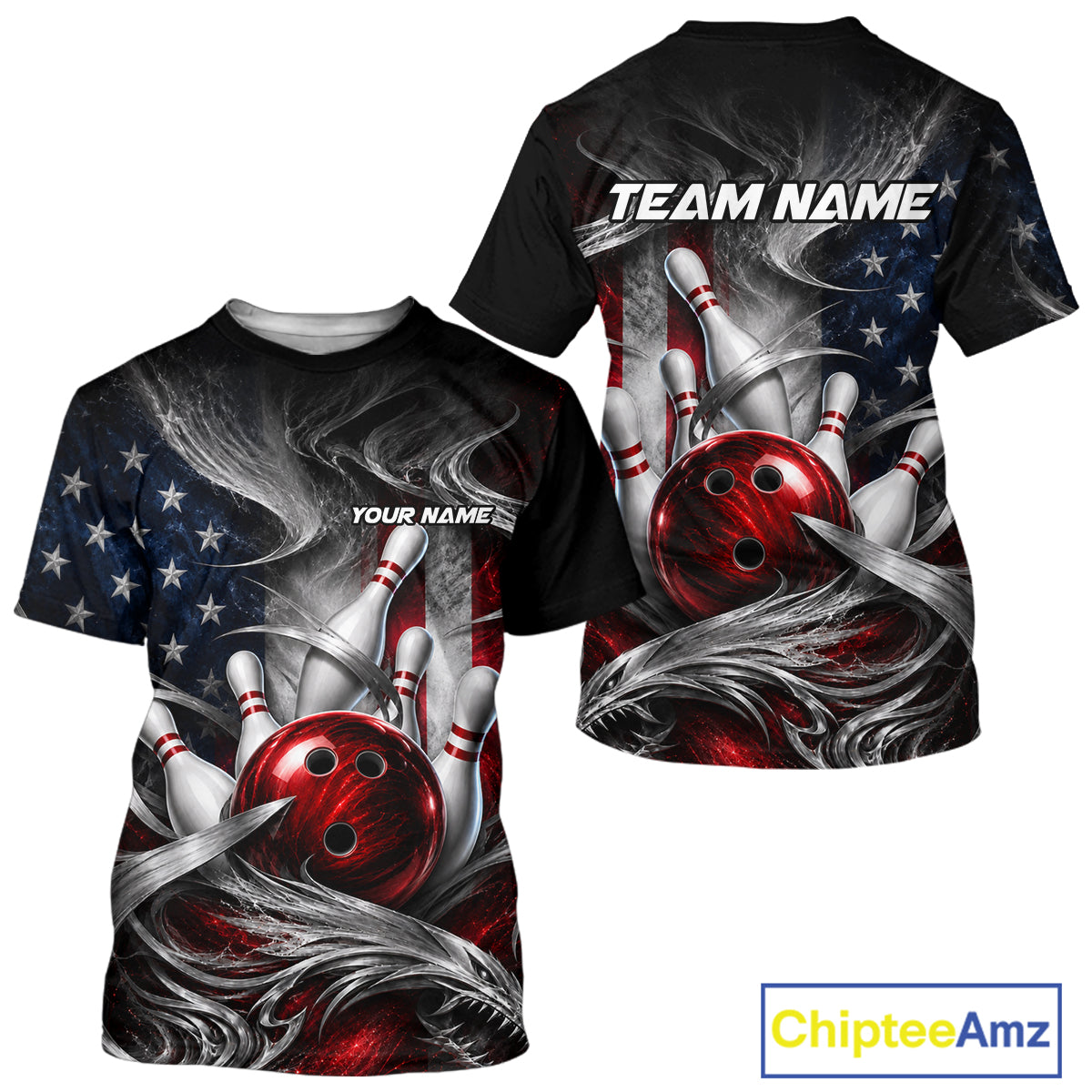 Custom Silver Smoke American Flag Bowling T-Shirt Bowling Uniform Bowling Team Shirts