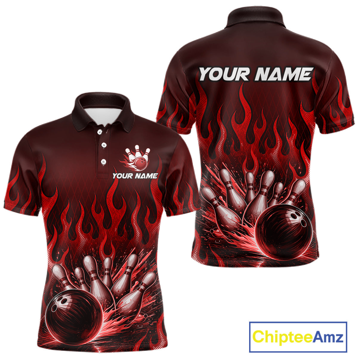 Custom Red Flame Bowling Jersey Bowling Uniform Polo &1/4 Zip Bowling Team Shirts